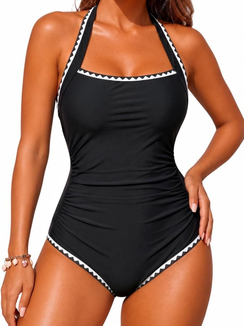 Stylish Women's Halter One Piece Swimsuit with Ruched Tummy Control, Swimwear